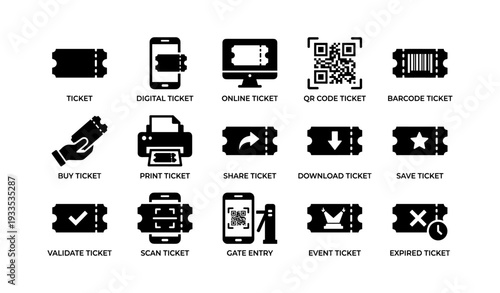 Digital ticket icons set: mobile, online, qr code, barcode, printable options illustrated