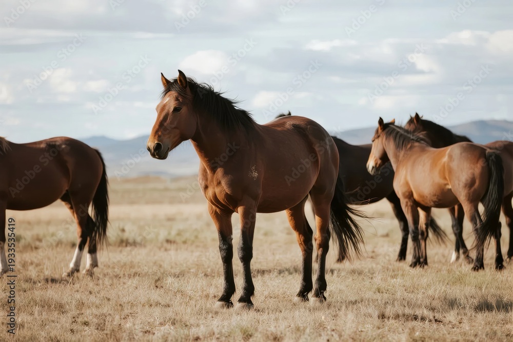 Fototapeta premium A group of brown horses standing in a dry grassland with mountains in the background