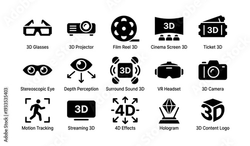 Collection of entertainment and technology icons in silhouette style
