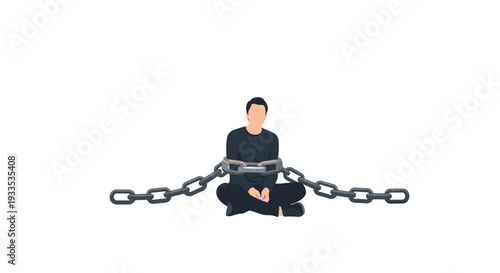 A man in dark clothing sits cross-legged, his body and arms tightly bound by a thick metal chain on white.
