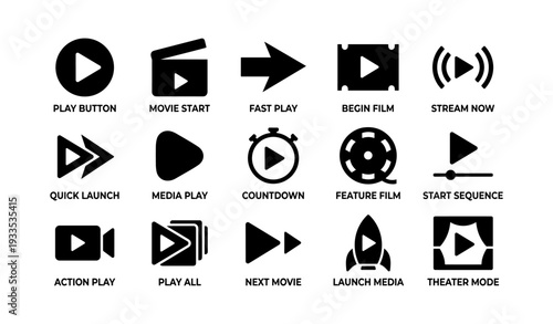Media control icons set with play, film, countdown, launch symbols