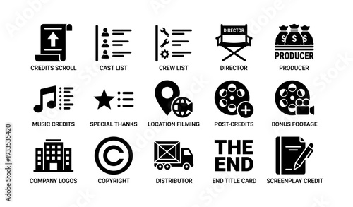 Film industry icons: credits, director, producer, music, filming
