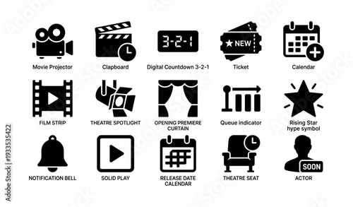 Film industry icons: movie projector, clapboard, digital countdown, tickets, calendar