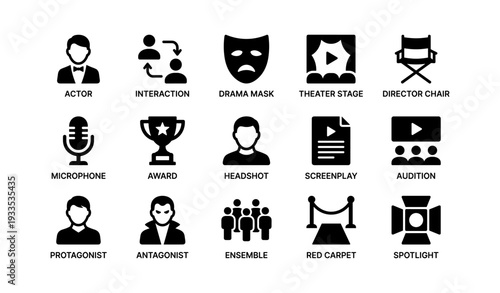 Theater icons set: actor masks, microphone, director chair, award trophy, headshot, red carpet, spotlight