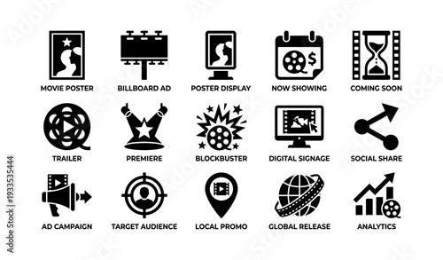 Cinema promotion icons: movie poster, billboard ad, now showing, coming soon