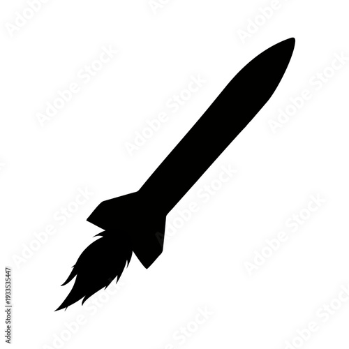 Black silhouette of a modern long-range missile in flight, diagonal upward trajectory, sharp aerodynamic design with fins, small propulsion flame at the rear, solid black shape, flat design, isolated 