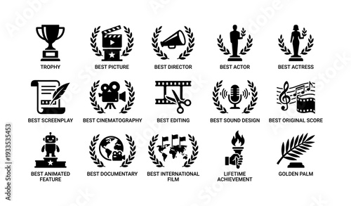 Award icons set: best picture, director, actor, actress, screenplay, cinematography, editing, sound, score, animated, documentary, international, achievement, golden palm