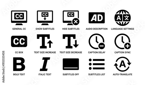 Accessibility icon set: captions, subtitles, audio description, language settings