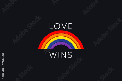 Love wins message with a vibrant rainbow arc on black background