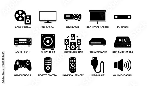 Home theater icons: entertainment devices and controls collection