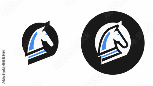 Two stylized horse head logos in black white and blue tones