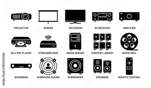 Home theater equipment icons: projector, screen, tv, av receiver, amplifier