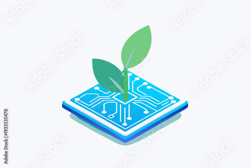 A green plant growing from a blue circuit board symbolizing growth