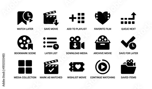Media management icons: watch later, save movie, playlist, queue, favorite
