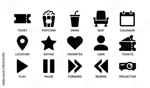 Cinema icons: tickets, popcorn, drink, seat, calendar, location, rating, favorites, projector