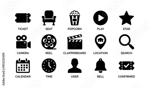 Cinema icons set: tickets, popcorn, clapperboard, camera, and more