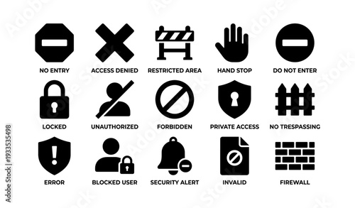 Access denied icons: no entry, restricted areas, security alerts, private access symbols