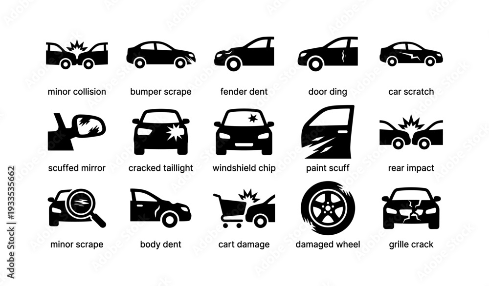 Obraz premium Car damage icons: collision, dents, scratches, impacts, cracks