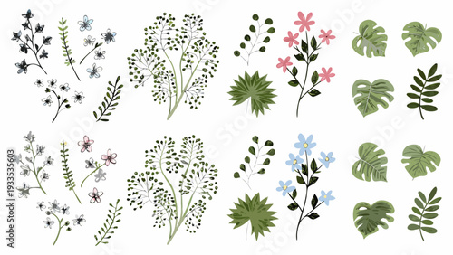 Variety of illustrated botanical elements including flowers and lush foliage