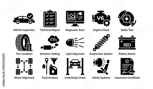 Vehicle maintenance icons illustrating inspection, diagnostic, engine, brake, and alignment checks