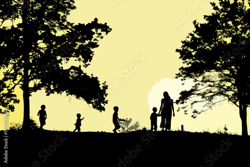 Silhouetted family and children against a bright hazy sunset backdrop
