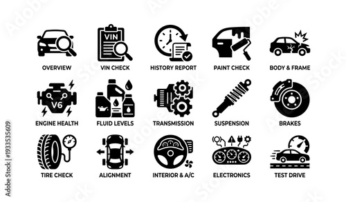 Vehicle maintenance icons: overview, engine, transmission, suspension, brakes