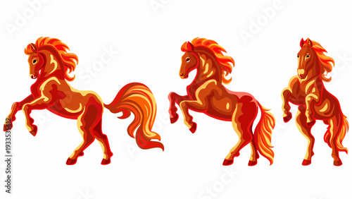 Three vibrant orange horses depicted in dynamic rearing poses