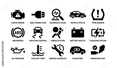 Automotive dashboard icons: vehicle status, battery health, and diagnostic tools