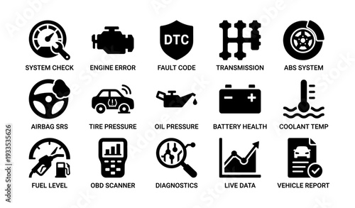 Car diagnostic icons: engine, transmission, abs, airbag, tire pressure, battery health