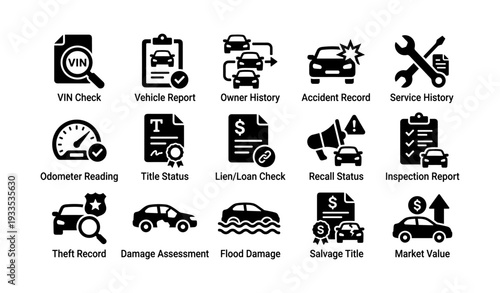 Vehicle history icons set: vin, accident, service, inspection, market evaluation