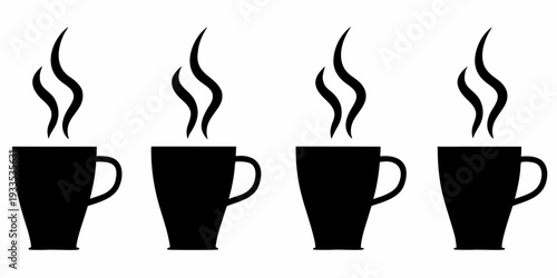 Four black silhouettes of coffee cups with rising steam plumes