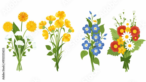 Four colorful bouquets of wildflowers arranged in a flat vector style