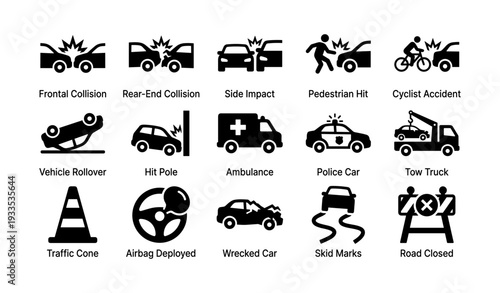 Icons depicting various vehicular accidents and emergency services