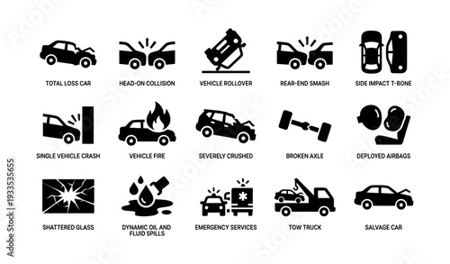 Icons of car accidents and emergency services with damaged vehicles