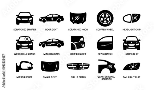 Car damage icons: scratches, dents, and cracks on various vehicle parts