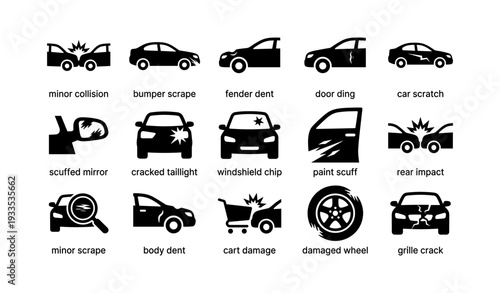 Car damage icons: collision, dents, scratches, impacts, cracks