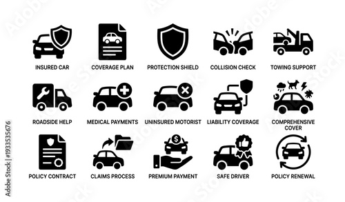 Car insurance icons: coverage, protection, and assistance symbols