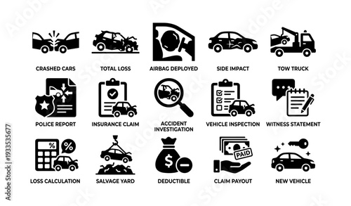 Car accident icons: crashed cars, airbag, insurance, tow truck, investigation symbols