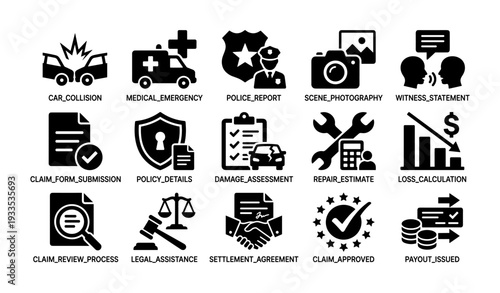 Car collision response icons: emergency, police, insurance, repair, legal aid