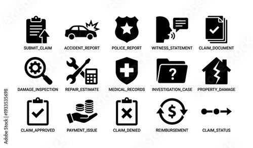Insurance claim process icons: submit, report, inspect, estimate, approve, deny