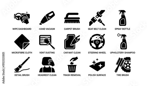 Car cleaning icons: tools for detailing and maintenance