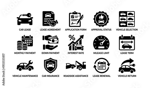 Car lease process icons: agreement, selection, maintenance, renewal