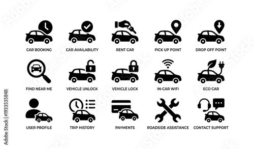 Car rental and sharing icon set: booking, availability, assistance