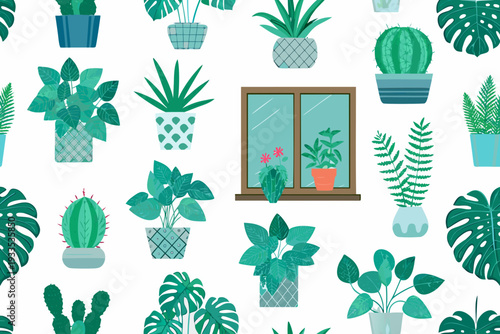 Stylized botanical pattern featuring houseplants and a window scene