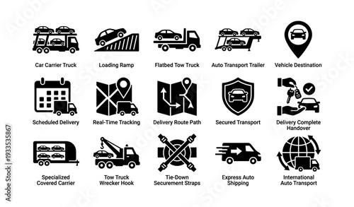 Icons of car transport: trucks, destinations, secure delivery, real-time tracking