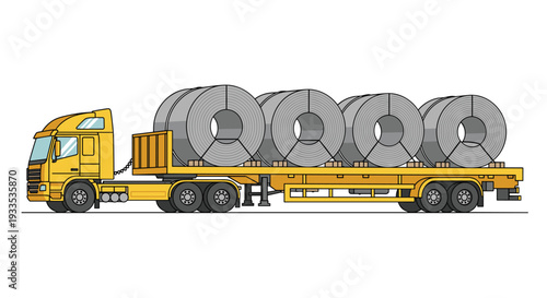 A bright yellow semi-truck with a long flatbed trailer is actively transporting four large, heavy grey steel coils across a plain white background.