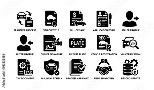 Vehicle registration and ownership transfer icons set