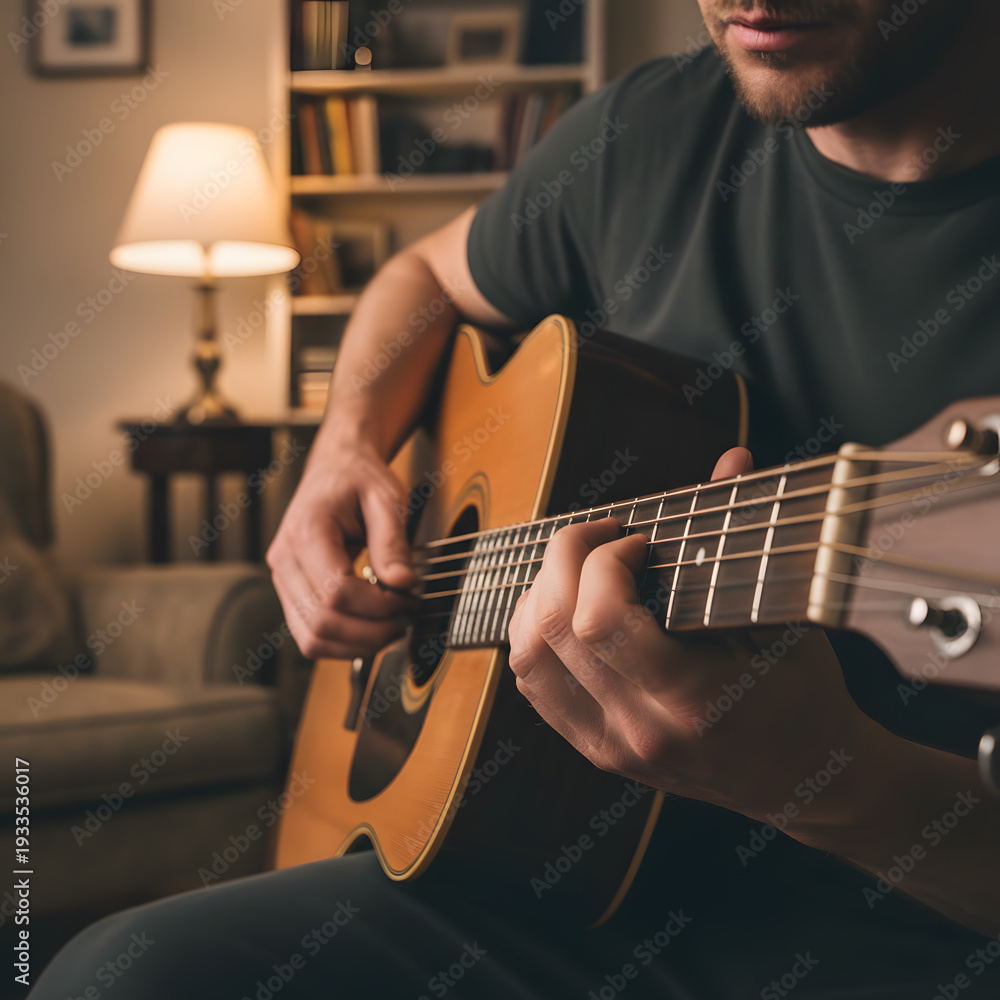 Fototapeta premium Man playing an acoustic guitar in a cozy living room