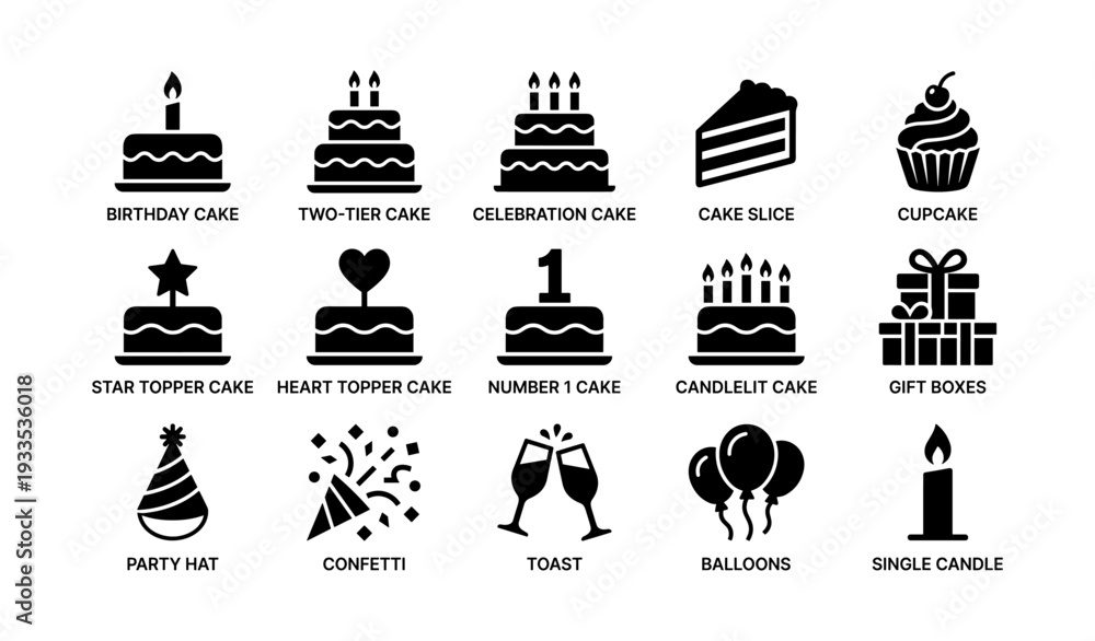 Obraz premium Birthday cake icons collection with celebratory symbols and party elements