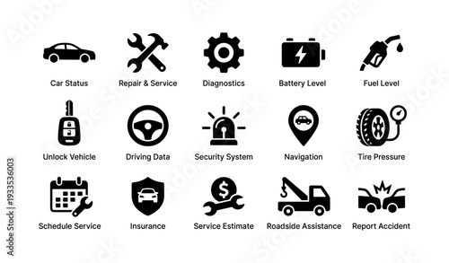 Car maintenance and assistance icons: diagnostics, navigation, security, insurance, service